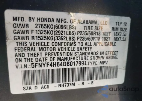 2013 Honda Pilot Ex-L from USA, damaged, VIN 5FNYF4H64DB017991